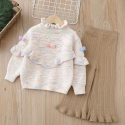 18M-6Y Toddler Girls Sets Ruffled Crew Neck Knitted Sweater And Pants  Girls Fashion Clothes  