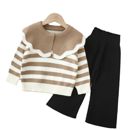 18M-6Y Toddler Girls Sets Striped Lapel Knitted Sweater And Wide Leg Pants  Girls Clothes  