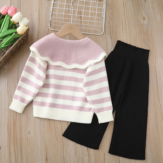 18M-6Y Toddler Girls Sets Striped Lapel Knitted Sweater And Wide Leg Pants  Girls Clothes  