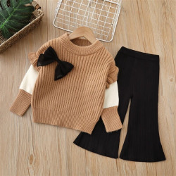 18M-6Y Toddler Girls Knitted Sets Contrast Bow Sweater Flared Pants  Girls Clothes  