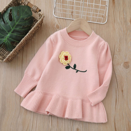 9M-5Y Toddler Girls Handmade Flower Knitted Sweater Dress  Girls Clothes  