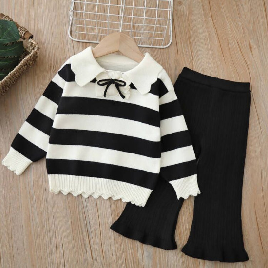18M-6Y Toddler Girls Knitted Sets Striped Lapel Sweater And Flared Pants  Girls Clothes  