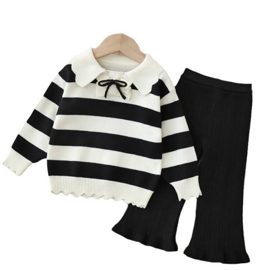 18M-6Y Toddler Girls Knitted Sets Striped Lapel Sweater And Flared Pants  Girls Clothes  