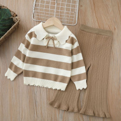 18M-6Y Toddler Girls Knitted Sets Striped Lapel Sweater And Flared Pants  Girls Clothes  