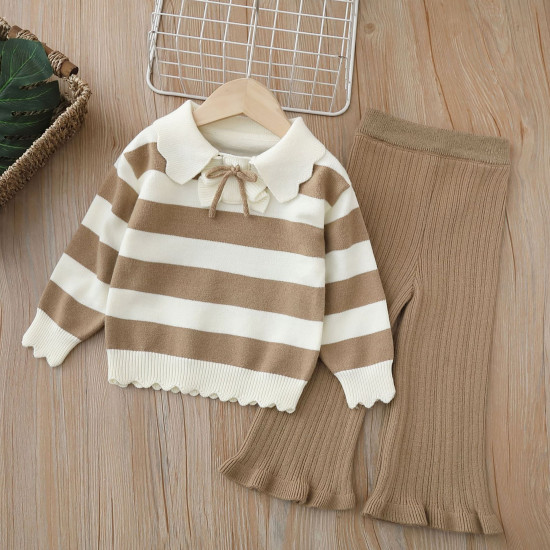 18M-6Y Toddler Girls Knitted Sets Striped Lapel Sweater And Flared Pants  Girls Clothes  