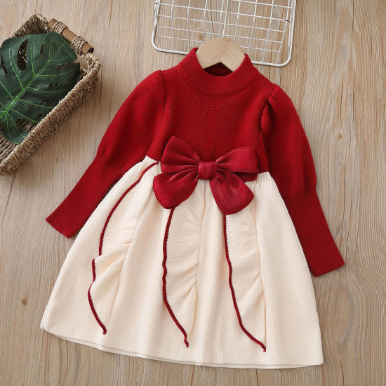 18M-6Y Toddler Girls Knitted Puff Sleeve Bow Sweater Dress  Girls Clothes  