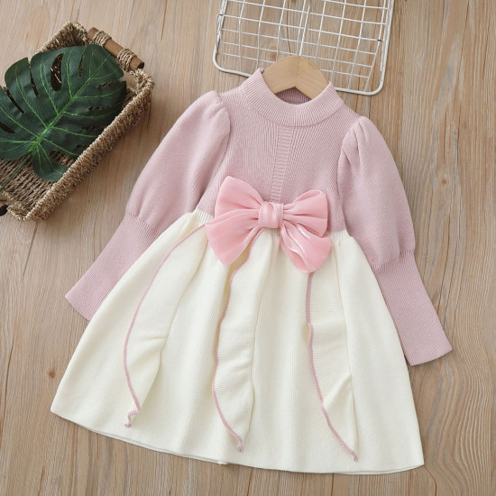18M-6Y Toddler Girls Knitted Puff Sleeve Bow Sweater Dress  Girls Clothes  