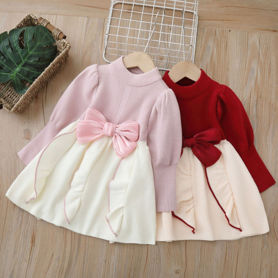 18M-6Y Toddler Girls Knitted Puff Sleeve Bow Sweater Dress  Girls Clothes  