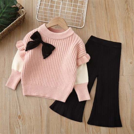 18M-6Y Toddler Girls Knitted Sets Bow Contrast Lapel Sweater Flared Pants  Girls Clothes  
