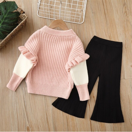 18M-6Y Toddler Girls Knitted Sets Bow Contrast Lapel Sweater Flared Pants  Girls Clothes  