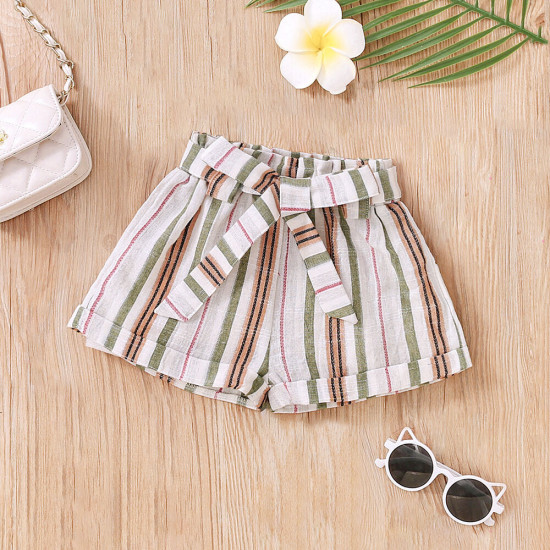 18M-6Y Toddler Girl Vertical Striped Shorts With Waist Belt Fashion Girl   
