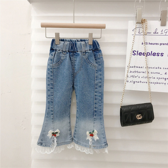 9M-6Y Toddler Girl Mesh Hem Patchwork Bow Flare Jeans wholesale girls fashion clothes  