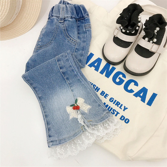 9M-6Y Toddler Girl Mesh Hem Patchwork Bow Flare Jeans wholesale girls fashion clothes  