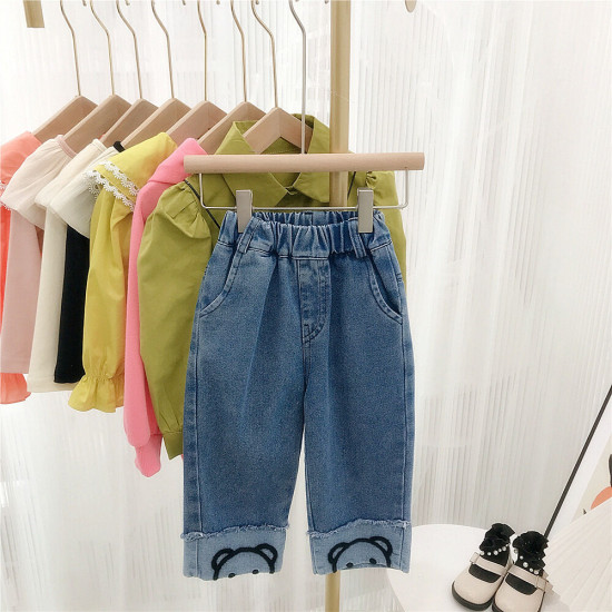 9M-6Y Toddler Girls Cuffed Cartoon Embroidered Loose-Fit Straight-Leg Jeans  Girls Clothes  