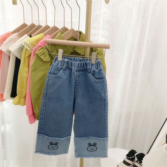 9M-6Y Toddler Girls Cuffed Cartoon Embroidered Loose-Fit Straight-Leg Jeans  Girls Clothes  
