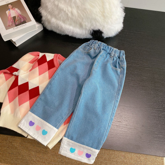 18M-6Y Toddler Girl Heart Printed Straight Leg Wide Leg Jeans  Girls Clothes  