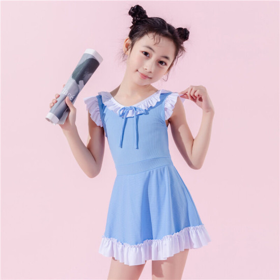 5-8Y Lace Lotus Flying Sleeve Texture Bowknot Dress Swimsuit  Kids Boutique Clothing  