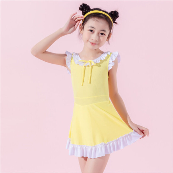 5-8Y Lace Lotus Flying Sleeve Texture Bowknot Dress Swimsuit  Kids Boutique Clothing  