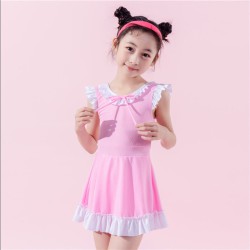 5-8Y Lace Lotus Flying Sleeve Texture Bowknot Dress Swimsuit  Kids Boutique Clothing  