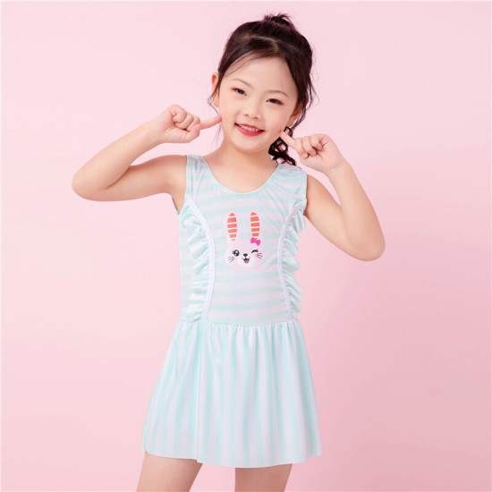 5-7Y Bunny Cartoon Print Sleeveless Lotus Swimwear Dress  Kids Boutique Clothing  