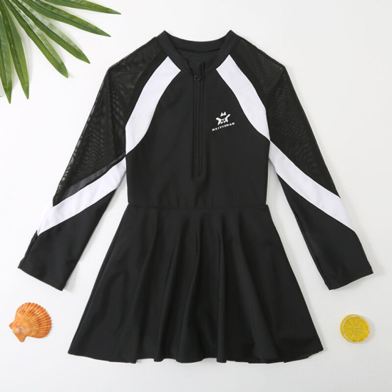 5-9Y Striped Long Sleeve Black Zipper Swimwear Swimsuit Dress  Kids Boutique Clothing  