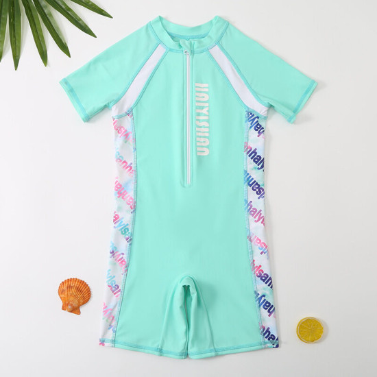 5-9Y Letter Print Short Sleeve Striped Swimwear Swimsuit Jumpsuit  Kids Boutique Clothing  