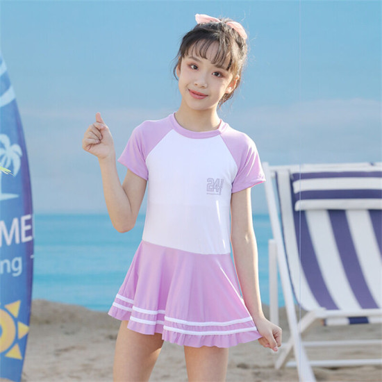 6-10Y Colorblock Short Sleeve Striped Skirt Swimwear Dress  Kids Boutique Clothing  