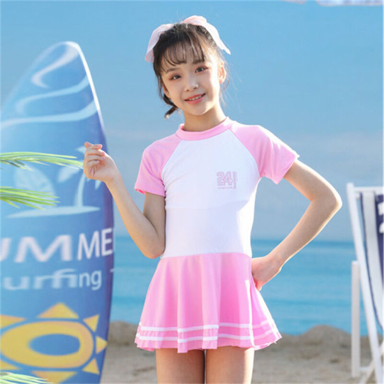 6-10Y Colorblock Short Sleeve Striped Skirt Swimwear Dress  Kids Boutique Clothing  