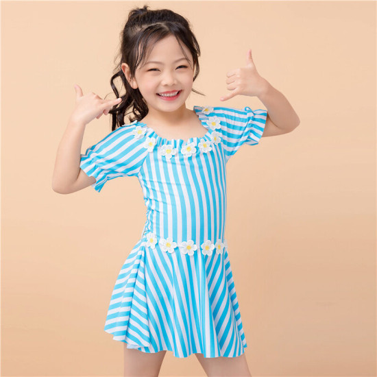 6-9Y Daisy Striped Lotus Short Sleeve Swimwear Dress  Kids Boutique Clothing  