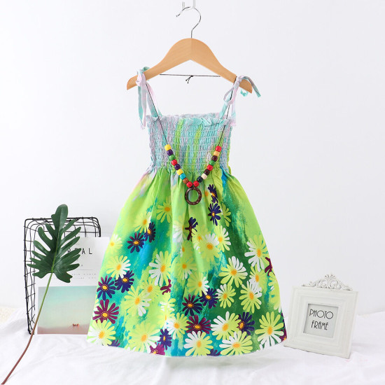 2-10Y Kid Girls Rainbow Flower Print Smocked Cami Dresses For Girls With Necklace  