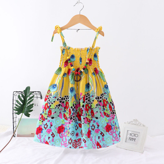 2-10Y Kid Girls Rainbow Flower Print Smocked Cami Dresses For Girls With Necklace  