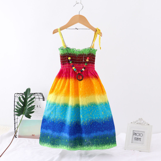 2-10Y Kid Girls Rainbow Flower Print Smocked Cami Dresses For Girls With Necklace  
