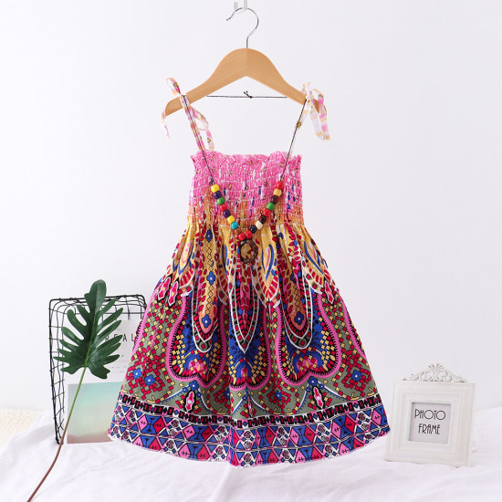 2-10Y Kid Girls Rainbow Flower Print Smocked Cami Dresses For Girls With Necklace  