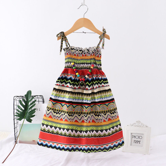 2-10Y Kid Girls Rainbow Flower Print Smocked Cami Dresses For Girls With Necklace  