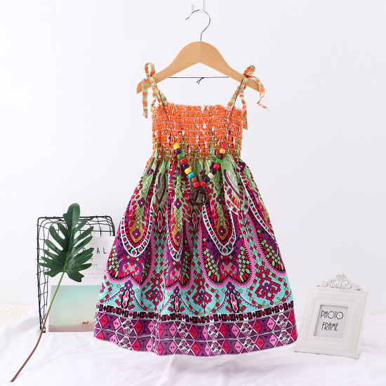 2-10Y Kid Girls Rainbow Flower Print Smocked Cami Dresses For Girls With Necklace  