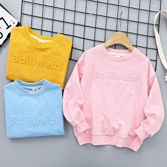 3-12Y Solid Color Letter Print Long Sleeve Pullover Tops  Kids Boutique Clothing  
