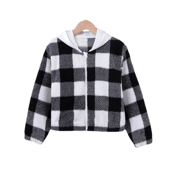 4-12Y Kid Unisex Hooded Plaid Fleece Casual Cardigan Hooded Jacket Kids  Clothing  