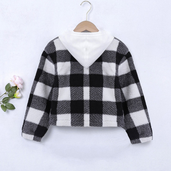 4-12Y Kid Unisex Hooded Plaid Fleece Casual Cardigan Hooded Jacket Kids  Clothing  