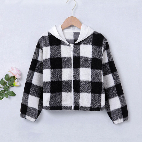 4-12Y Kid Unisex Hooded Plaid Fleece Casual Cardigan Hooded Jacket Kids  Clothing  