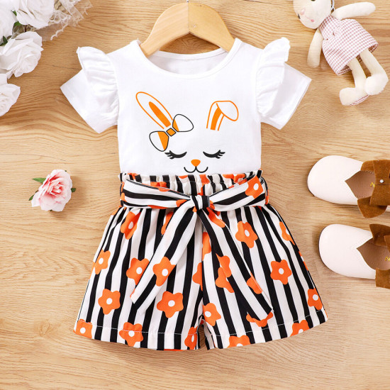 18M-6Y Toddler Girls Cartoon Bunny Print Striped Shorts Sets  Girls Clothes  