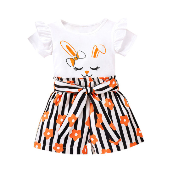 18M-6Y Toddler Girls Cartoon Bunny Print Striped Shorts Sets  Girls Clothes  