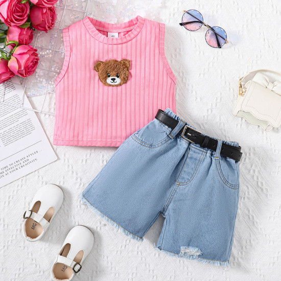 3-7Y Toddler Girls Sets Bear Tank Tops And Denim Shorts With Belt  Girls Clothes  