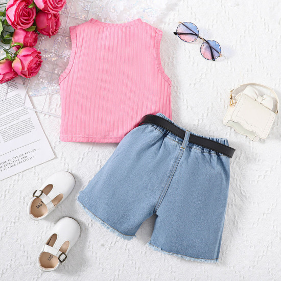 3-7Y Toddler Girls Sets Bear Tank Tops And Denim Shorts With Belt  Girls Clothes  