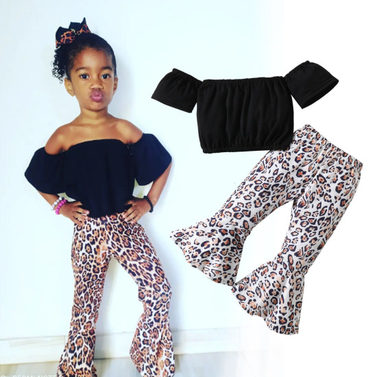18M-6Y Toddler Girls Sets Off-Shoulder Crop Top Leopard Print Flared Pants  Girls Clothes  