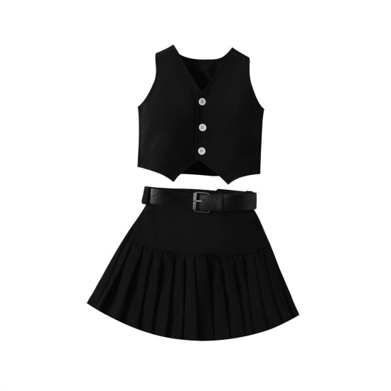 18M-6Y Toddler Girls Sets V-Neck Single Breasted Vest Pleated Skirt With Belt  Girls Clothes  