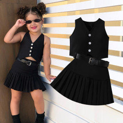 18M-6Y Toddler Girls Sets V-Neck Single Breasted Vest Pleated Skirt With Belt  Girls Clothes  