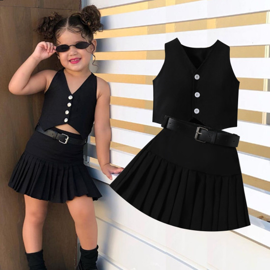 18M-6Y Toddler Girls Sets V-Neck Single Breasted Vest Pleated Skirt With Belt  Girls Clothes  