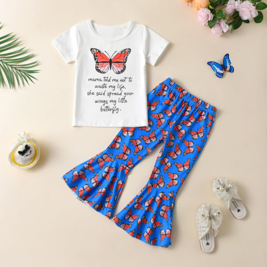 18M-6Y Toddler Girls Sets Short Sleeve T-Shirt Butterfly Print Flare Pants  Girls Clothes  