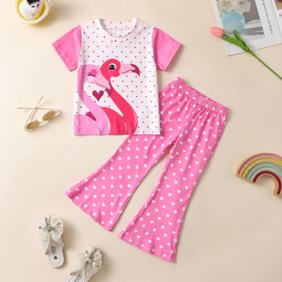 18M-6Y Toddler Girls Flamingo T-Shirt Love Bell Bottoms Two-Piece Set  Girls Clothes  