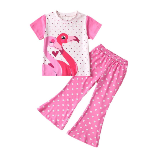 18M-6Y Toddler Girls Flamingo T-Shirt Love Bell Bottoms Two-Piece Set  Girls Clothes  